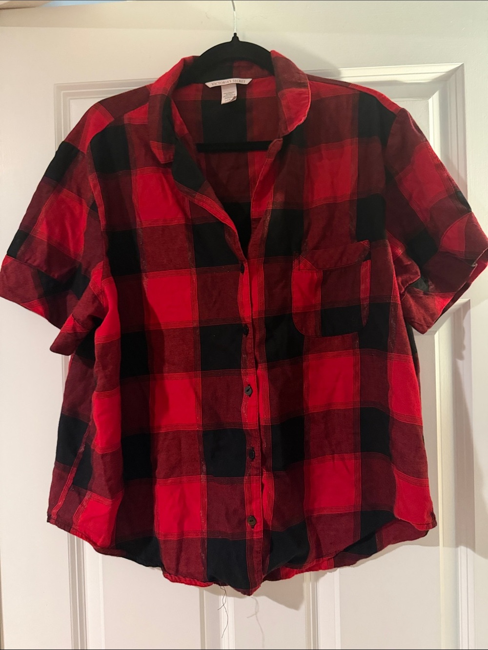 Victoria's Secret Red and Black Plaid Short-Sleeve Button-Up Pajama Top